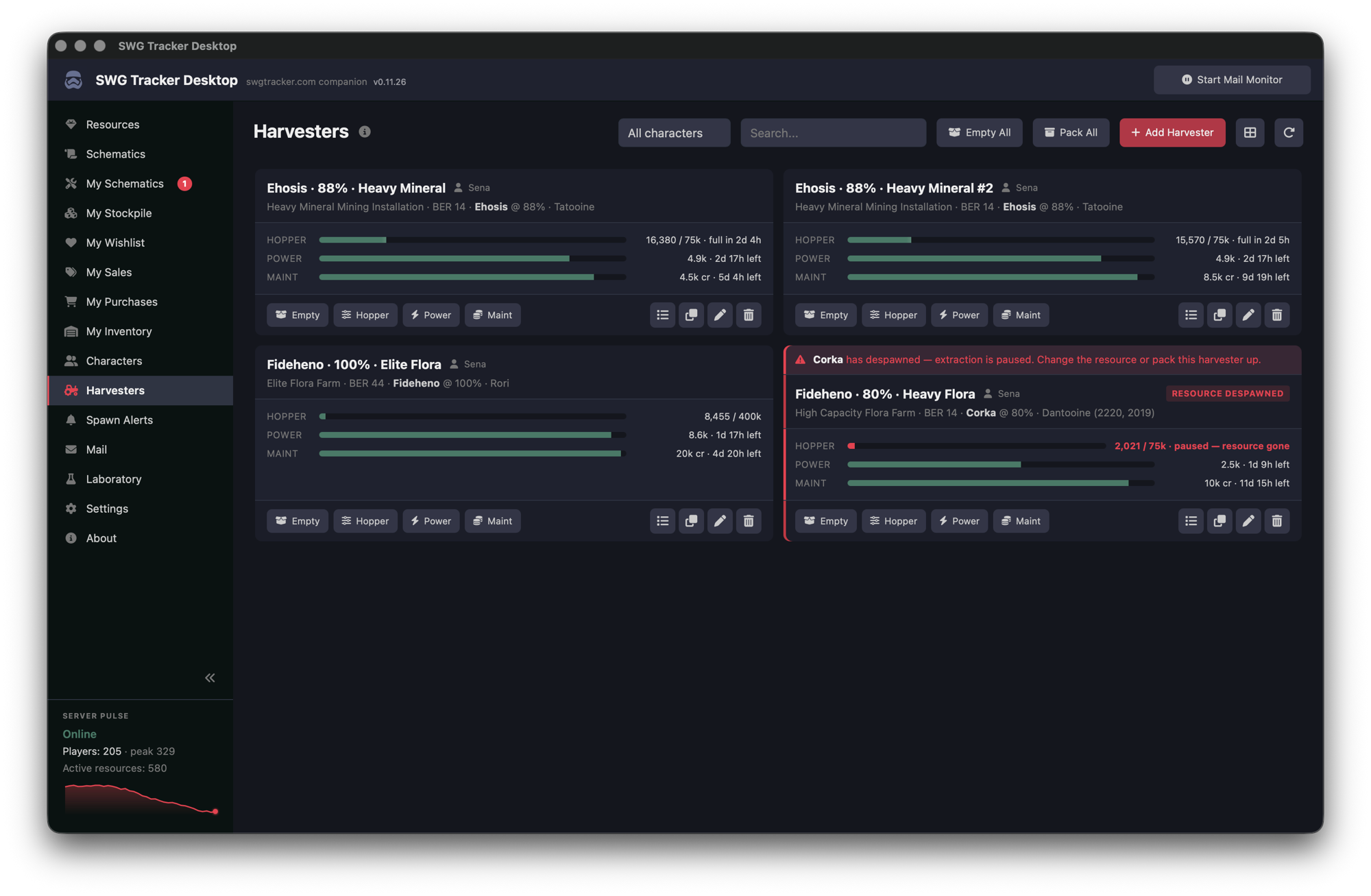 SWG Tracker Desktop — harvesters